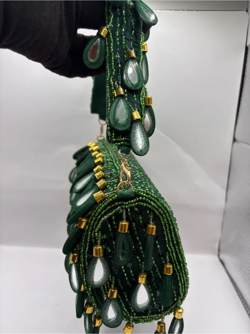 Green Beaded Mirror Glass Teardrop Fringe Shoulder Bag